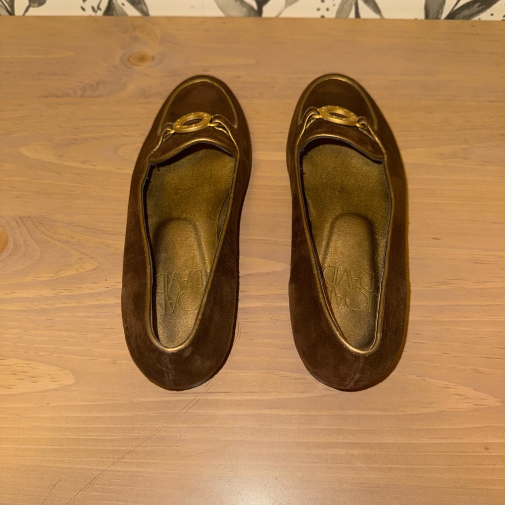 Joan & David Italian Brown Suede Loafers with Gold Detailing - Picture 5 of 10